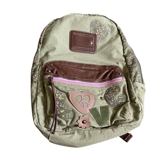 Bongo Women/Girls Olive Green/Brown Floral Love Patch Backpack - Picture 1 of 6
